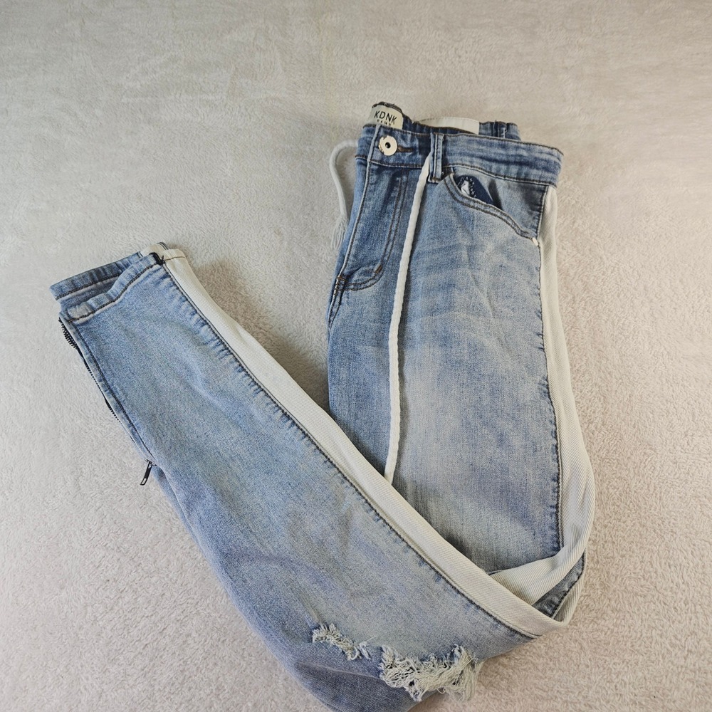 KDNK Distressed Skinny Jeans Light Wash Side Stripe Ankle Zip 32 1141411